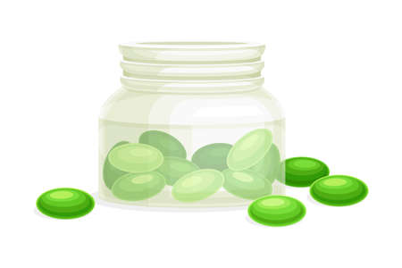 Spirulina dietary supplement in tablets. Healthy organic product, antioxidant superfood vector illustrationのイラスト素材