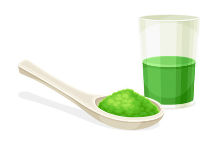 Spoon of spirulina powder and healthy drink. Organic dietary supplement, antioxidant superfood vector illustrationのイラスト素材