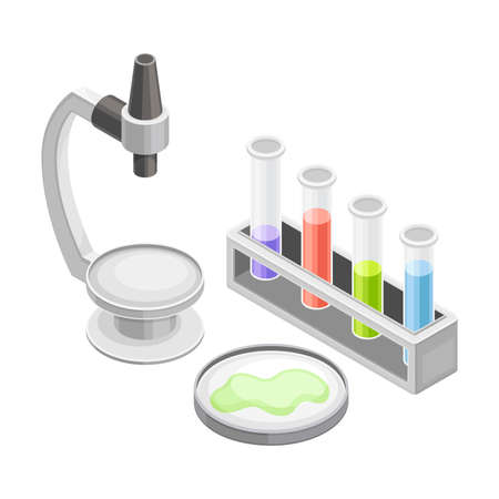 Biology school subject supplies. Microscope, test tubes with reagents and petri dish isometric vector illustrationのイラスト素材