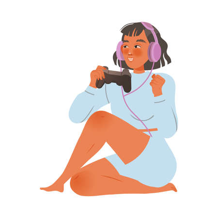 Girl sitting on floor and gaming with game controller and headset cartoon vector illustrationのイラスト素材