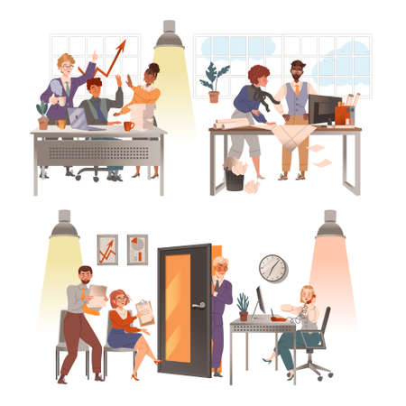 Set of business people working. Office team working on project cartoon vector illustrationのイラスト素材