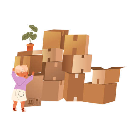 Apartment moving. Pile of stacked cardboard boxes. Kid carrying box cartoon vector illustrationのイラスト素材