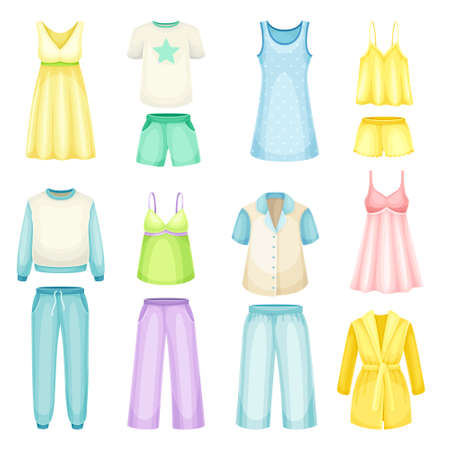 Sleepwear for women. Pajamas, nightgown, bathrobe, textile night clothes cartoon vector illustrationのイラスト素材
