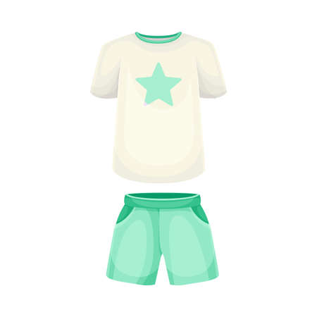 Cotton pajamas with shorts and t-shirt, sleepwear for women. Textile night clothes cartoon vector illustrationのイラスト素材