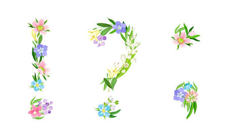 Floral punctuation marks. Exclamation, question mark and comma made of leaves and flowers cartoon vector illustrationのイラスト素材