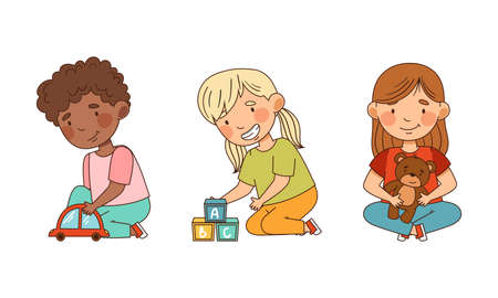 Little Boy and Girl in Kindergarden Playing Toy Car and Abc Blocks Vector Illustration Setのイラスト素材