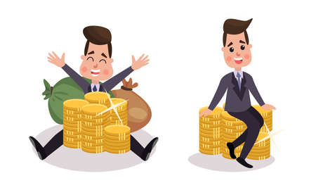 Rich Businessman Character Sitting with Pile of Golden Coins Vector Illustration Setのイラスト素材