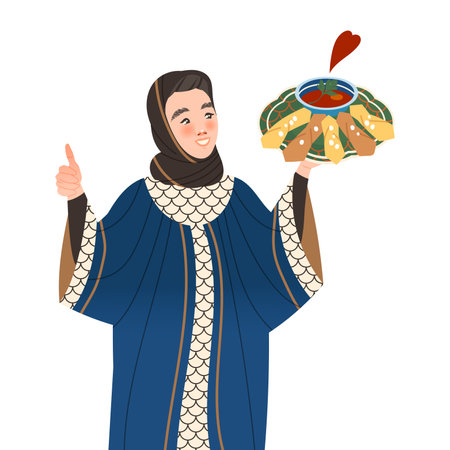 Gastronomic Tourism with Woman Character Holding Authentic Turkish Dish Vector Illustrationのイラスト素材