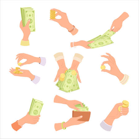 Hand Holding Money with Dollar Banknote and Coins Vector Setのイラスト素材