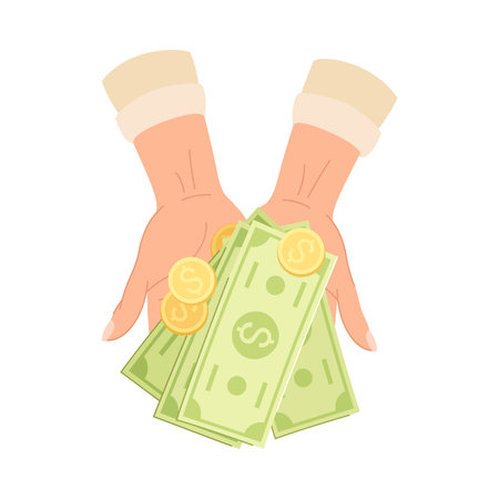 Hand with Green Dollar Banknote or Paper Money and Coins Rested on Open Palm Vector Illustration