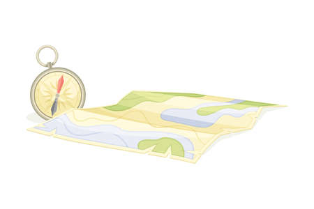 Expedition Map Depicting Geography and Route of Tourist Journey with Compass Vector Illustrationのイラスト素材