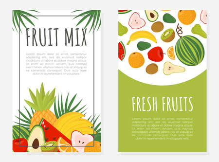 Fruit mix card templates set. Fresh ripe fruits banner, flyer design with space for text vector illustrationのイラスト素材