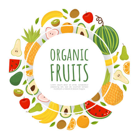 Organic fruits banner template with fresh ripe fruit in circular shape vector illustrationのイラスト素材