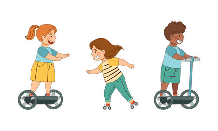 Little Boy and Girl Driving Electric Hoverboard and Roller Skates Enjoying Outdoor Activity Vector...