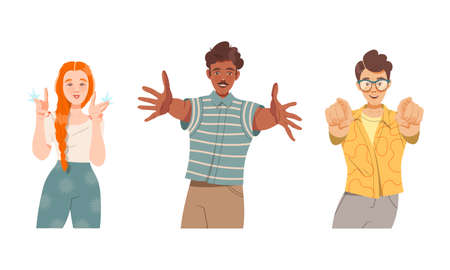 Male and Female Showing Hand Gesture Feeling Happiness and Excitement Vector Illustration Setのイラスト素材