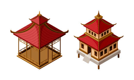 Wooden Gazebo and Tiered Pagoda in Oriental Style as Asian Architecture Isometric Vector Setのイラスト素材