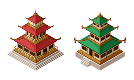 Pagoda as Tiered Tower with Multiple Eaves as Asian Architecture Isometric Vector Setのイラスト素材
