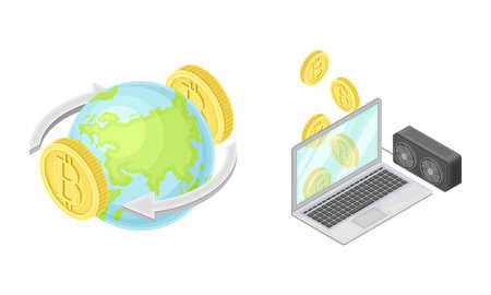 Bitcoin Gold Coins Rotating Around Globe and Laptop Vector Isometric Setのイラスト素材