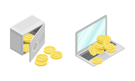 Laptop with Piles of Bitcoin Gold Coins and Safe Deposit as Online Payment Vector Isometric Setのイラスト素材