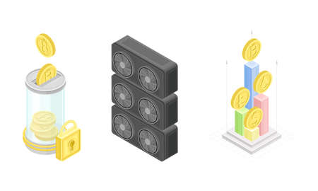 Blockchain Technology with Graph or Chart Showing Growth of Gold Coin and Video Card Isometric Vector Setのイラスト素材