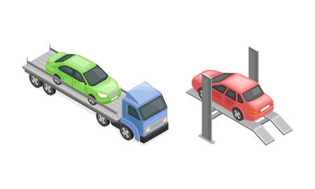 Car service and repair set. Car lifted on auto lift and tow truck isometric vector illustrationのイラスト素材