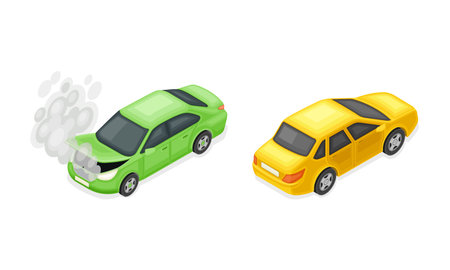 Car service and repair set. Green broken with opened hood and yellow car isometric vector illustrationのイラスト素材