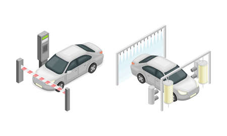 Car wash automatic and self service facilities station isometric vector illustrationのイラスト素材