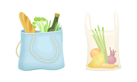 Reusable eco shopping bags full of grocery products. Zero waste, plastic free concept vector illustrationのイラスト素材
