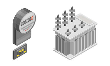 Electric power objects set. Electricity and energy equipment isometric vector illustrationのイラスト素材