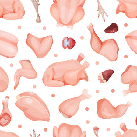 Fresh raw chicken meat seamless pattern. Organic meat products endless background vector illustrationのイラスト素材