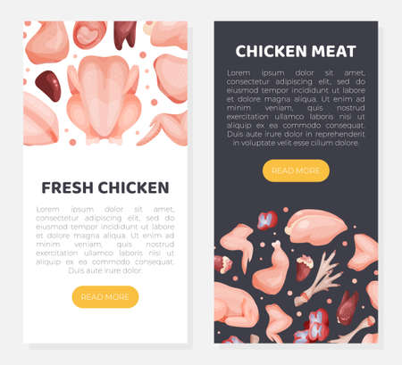 Premium quality chicken meat mobile app page. Organic fresh meat assortment of butchery shop, farm market, online store website, landing page design vector illustrationのイラスト素材