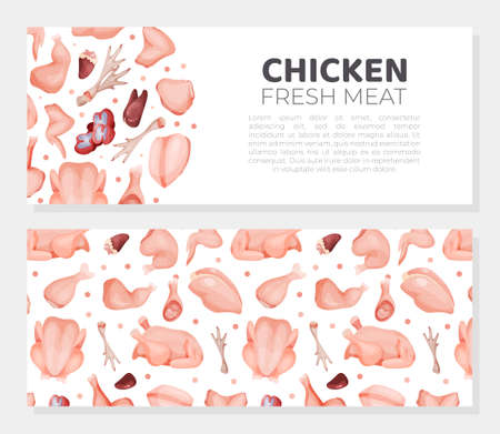 Premium quality chicken meat flyer template. Organic fresh meat products horizontal, banner, card design vector illustrationのイラスト素材