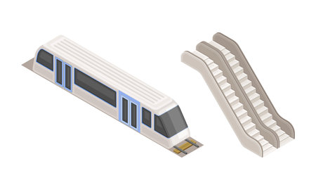 Subway station elements set. Train and escalator. Modern railway transport concept isometric vector...