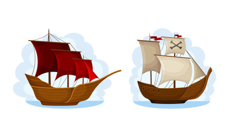 Ship with white and red sails set. Vintage sailing ships with black pirate flags floating on water cartoon vector illustrationのイラスト素材