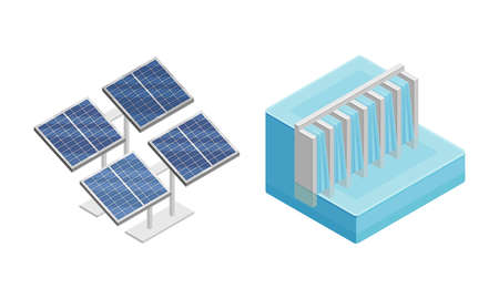 Alternative power sources set. Solar and hydroelectricity power station. Clean energy production isometric vector illustrationのイラスト素材
