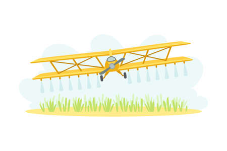 Crop duster biplane spraying chemicals, agricultural farming machinery vector illustrationのイラスト素材