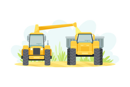Agriculture industrial farm equipment machinery, harvester and truck vector illustration