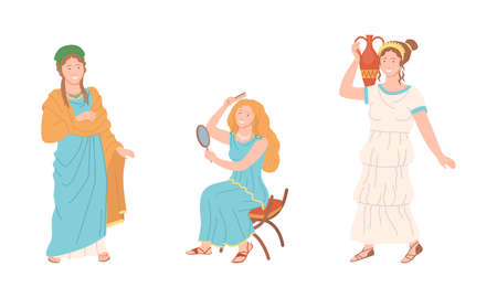 Roman women in traditional clothing set. Ancient Rome citizen characters cartoon vector illustrationのイラスト素材