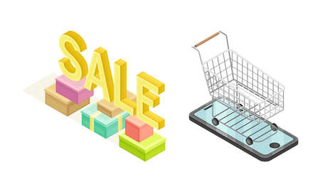 Online mobile shopping elements set. Sale, e-commerce concept isometric vector illustrationのイラスト素材