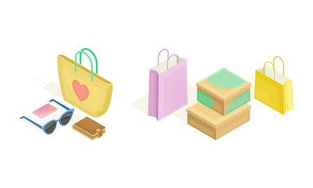 Online shopping elements set. Shopping bags. E-commerce concept isometric vector illustrationのイラスト素材