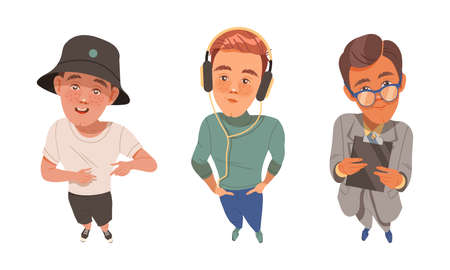 Set of young people looking up. View from above of teenage boy students cartoon vector illustrationのイラスト素材