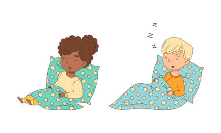 Adorable boy and girl sleeping in bed cartoon vector illustrationのイラスト素材