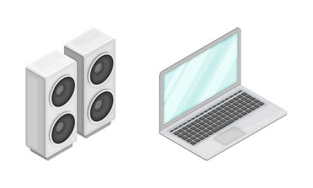 Laptop computer and loud speakers, modern wireless mobile devices isometric vector illustrationのイラスト素材