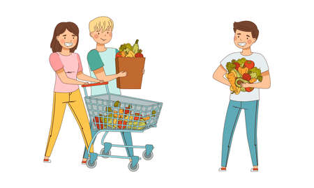 People buying and carrying fruit and vegetables. Healthy lifestyle, vegetarian diet concept cartoon vector illustrationのイラスト素材