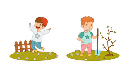 Kids spring activities set. Cute children working in garden. Boys planting sapling and having fun outdoors cartoon vector illustrationのイラスト素材