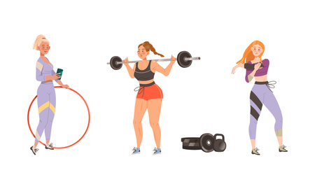 Women doing different sport exercises set. Girls training with hula hoop and barbell cartoon vector illustrationのイラスト素材
