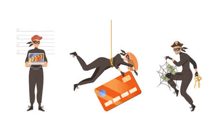 Masked hacker criminals stealing personal data and money. Cybercrime and cybersecurity concept cartoon vector illustrationのイラスト素材