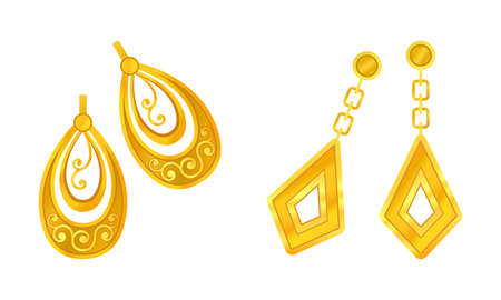 Fashionable gold jewelry set. Beautiful earrings cartoon vector illustrationのイラスト素材