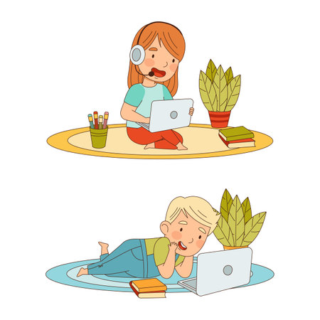 Children online education and e-learning concept. Cute little boy and girl studying online at home cartoon vector illustrationのイラスト素材
