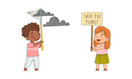 Save the planet. Kids protecting and taking care of nature. Ecology and environment concept. vector illustrationのイラスト素材